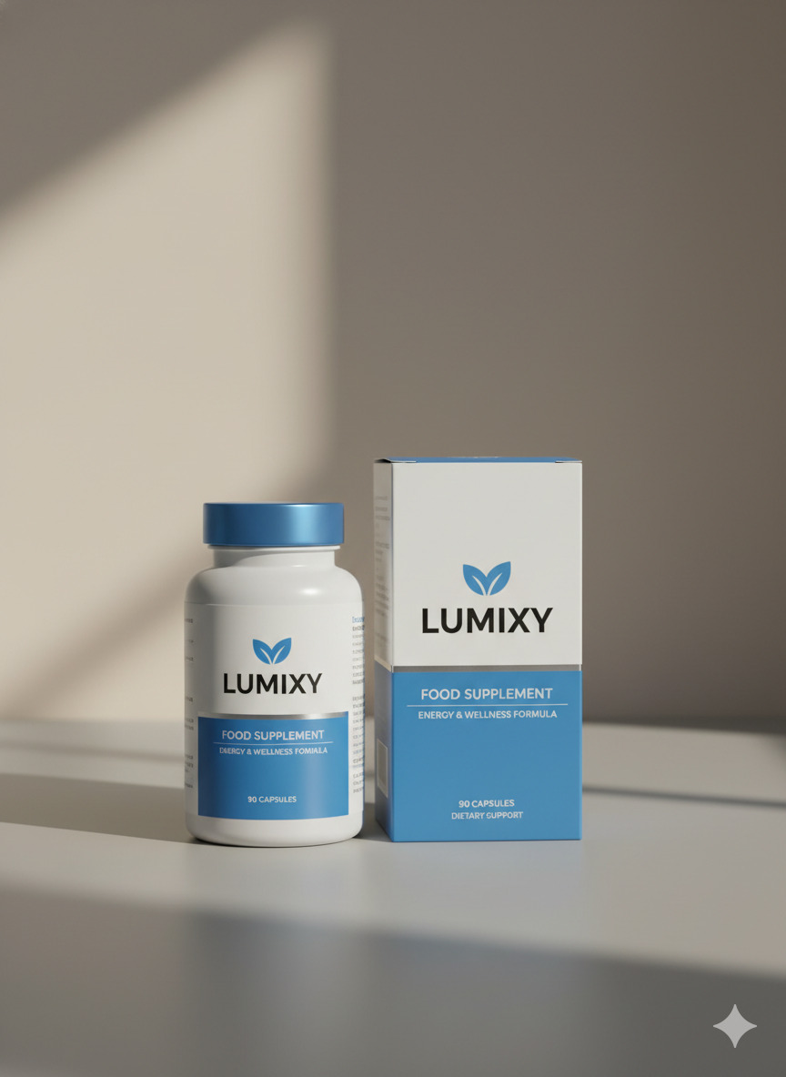 Lumixy food supplement bottle and carton on a neutral surface